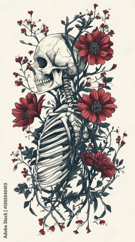 A human skeleton and floral elements depicted in detailed illustration A human skeleton and floral elements depicted in detailed illustration