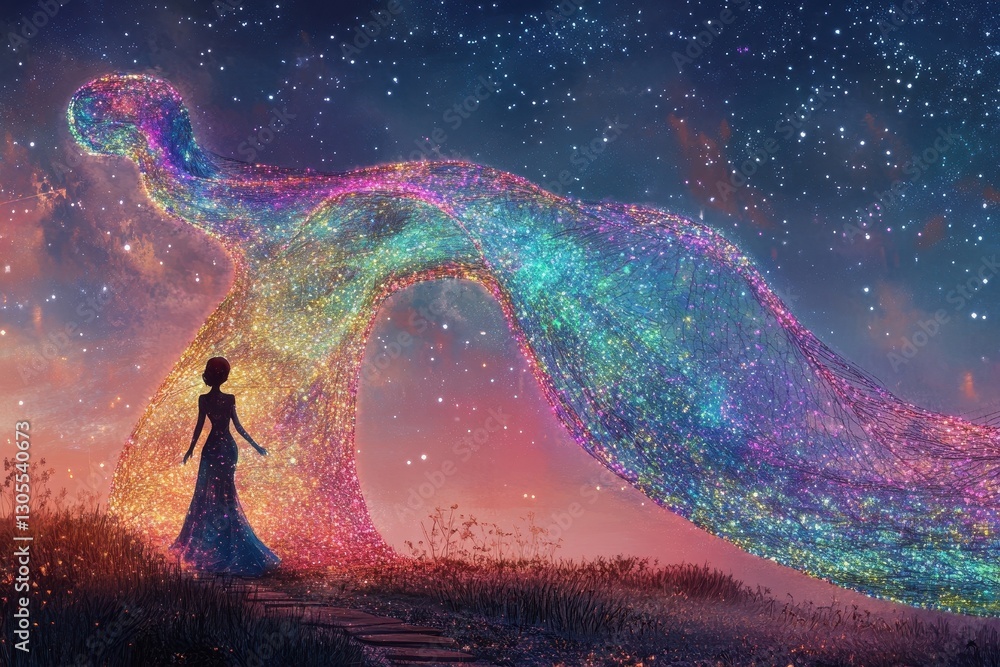 A woman standing near a colorful and starry celestial pathway A woman standing near a colorful and starry celestial pathway