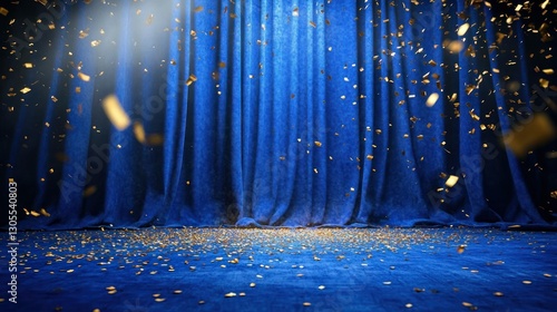A blue curtain with gold confetti falling from above
