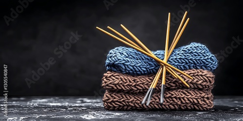 Close-up of knitted fabric stacks with knitting needles on a textured dark background
