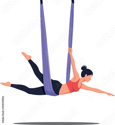 A woman performing aerial silks in a vibrant red top and black leggings, showcasing strength and grace in a flat vector illustration