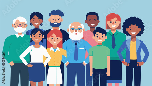 In a group photo a mix of older and younger employees proudly stand together showcasing the diverse and inclusive nature of the workplace.. Vector illustration