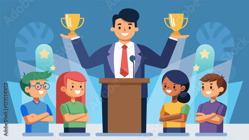 The principal giving a motivational speech to the spellers before the competition emphasizing the importance of hard work and perseverance.. Vector illustration