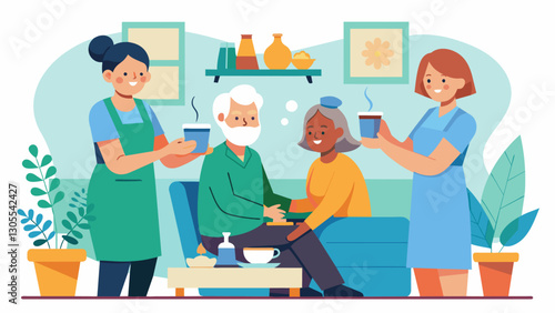 Nurses in a retirement home incorporating aromatherapy into their patients daily routines causing a sense of peacefulness and comfort throughout the facility.. Vector illustration