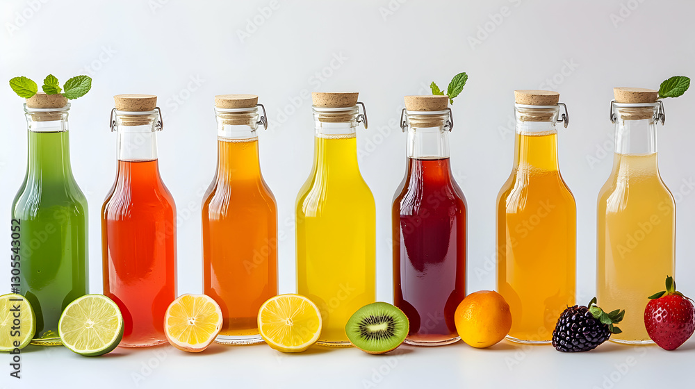 Colorful fruit juices in glass bottles arranged on a white surface with fresh fruits beside them Colorful fruit juices in glass bottles arranged on a white surface with fresh fruits beside them