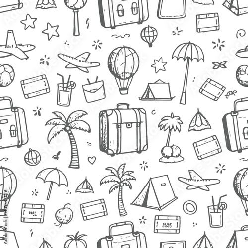 Seamless Travel Doodle Pattern with Hand-Drawn Elements

