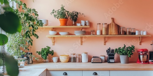 An appealing kitchen interior featuring organized shelves and appliances photo