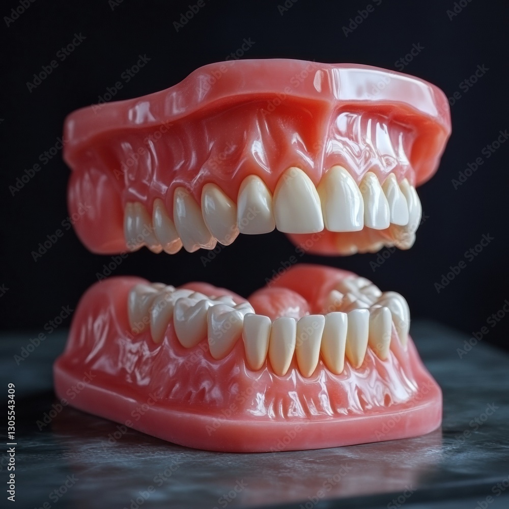 Obraz premium Realistic dental model demonstrating human teeth structure on a dark surface in a clinical setting