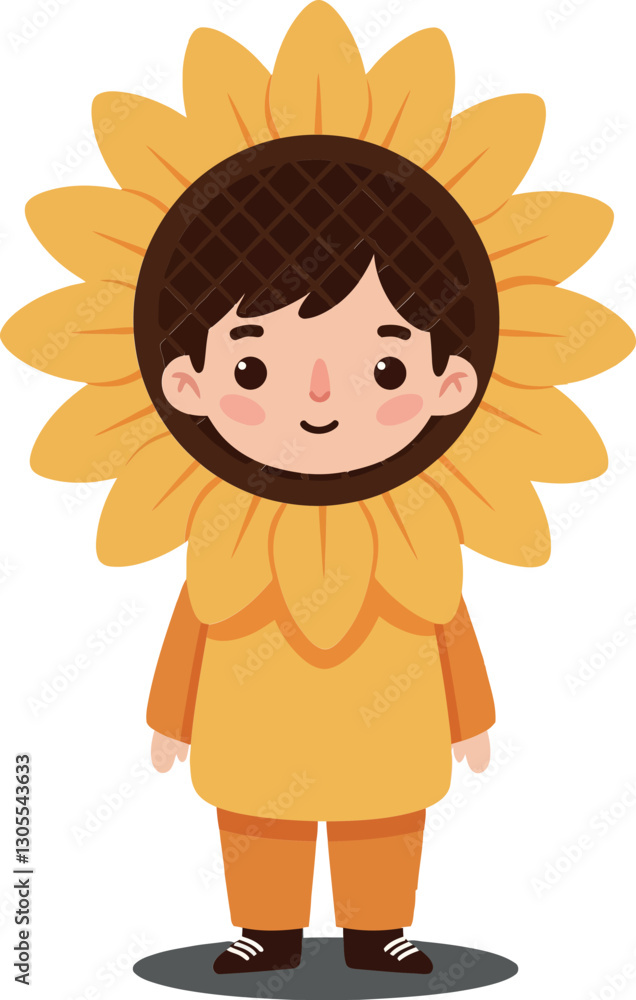 A cheerful child dressed in a bright sunflower costume with large petals, showcasing a playful and whimsical expression in a flat vector illustration A cheerful child dressed in a bright sunflower costume with large petals, showcasing a playful and whimsical expression in a flat vector illustration