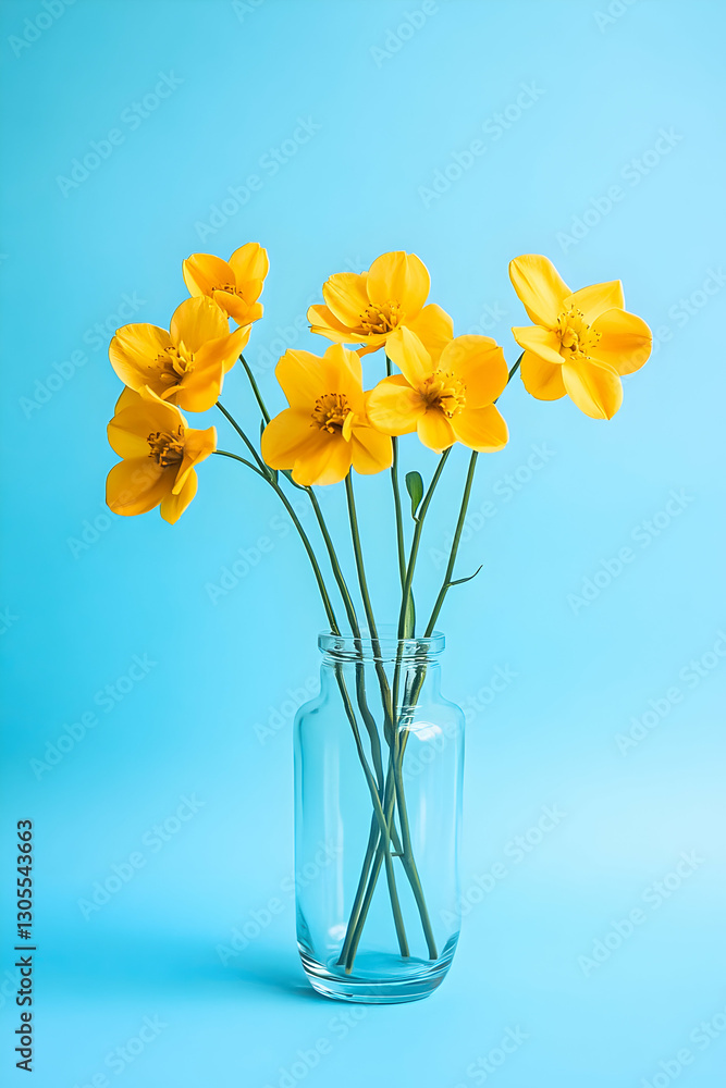 Bright yellow flowers in a clear glass vase against a vibrant blue backdrop create a cheerful ambiance in any space Bright yellow flowers in a clear glass vase against a vibrant blue backdrop create a cheerful ambiance in any space