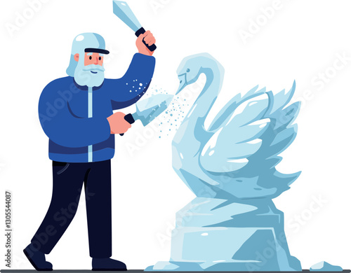 Ice sculptor working meticulously on a detailed swan statue in a flat, minimal style vector illustration