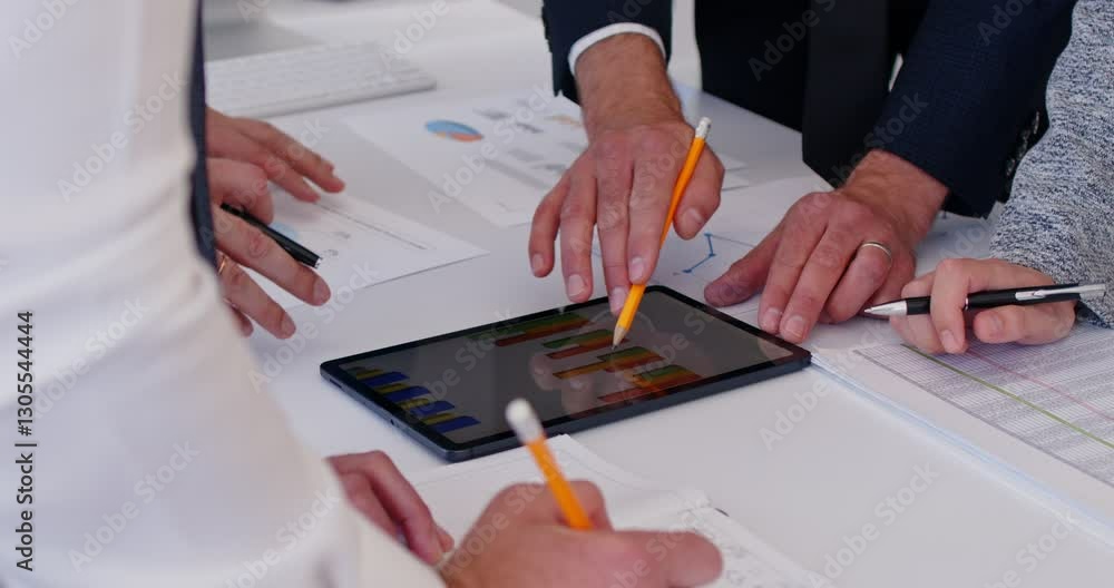 Close up desk with papers, charts, graphs, diverse businesspeople analyzing report to discuss paperwork data statistics at group meeting, overview activity, brainstorm teamwork doing bank marketing