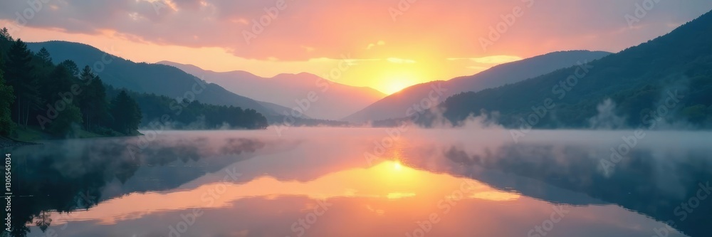 Obraz premium Misty dawn on a serene lake with rolling hills and trees, morning, serene