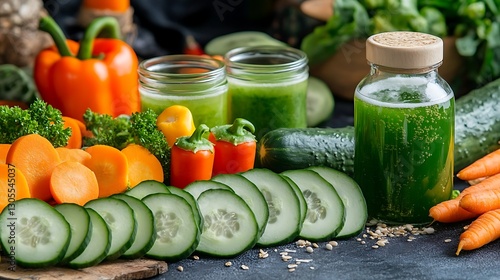 Raw foods spread with sliced cucumbers carrots peppers and cold pressed juices displayed in a fresh health centric arrangement