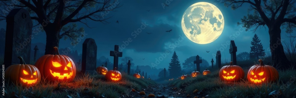 Fototapeta premium Cemetery under full moon with glowing pumpkins, eerie, autumn