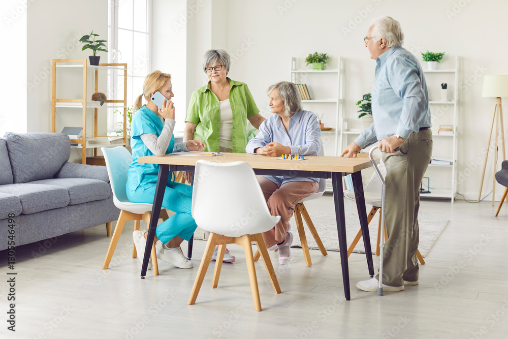 Obraz premium Senior old group and caring kind nurse together making phone call, geriatric medicine caretaker helping for nursing home residents, senior adults in assisted living, female doctor visiting patients 