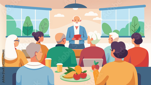 In a cozy room filled with natural light the seniors attend a lecture on the importance of a balanced diet and how certain foods can aid in overall health and wellbeing.. Vector illustration