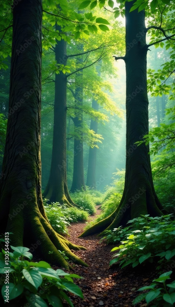 Fototapeta premium Dense forest foliage surrounds ancient tree trunks, serene, nature, forest