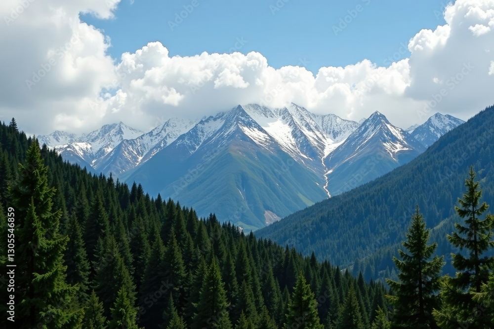 Fototapeta premium Dense forest surrounds snow-capped peaks under cloudy skies, landscape, clouds, mountain