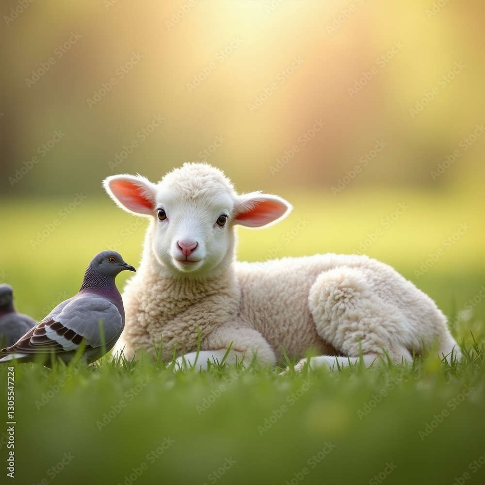 Close-up of an Easter lamb resting in a field with doves nearby, surrounded by soft sunlight in a peaceful spring setting. Close-up of an Easter lamb resting in a field with doves nearby, surrounded by soft sunlight in a peaceful spring setting.