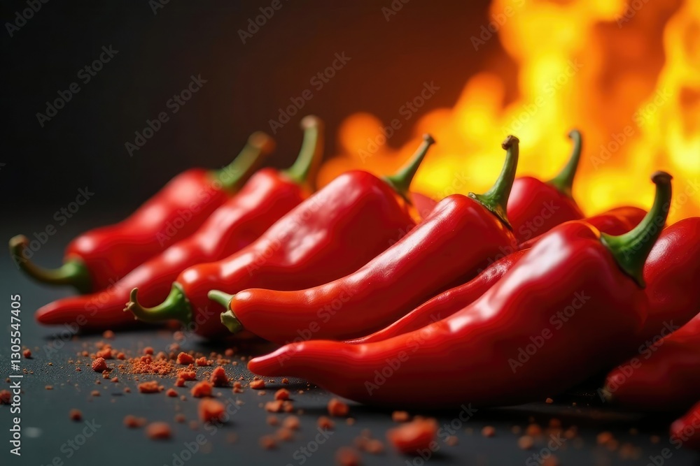 Row of chili peppers ablaze in a fiery inferno, burning, spicy, spice Row of chili peppers ablaze in a fiery inferno, burning, spicy, spice