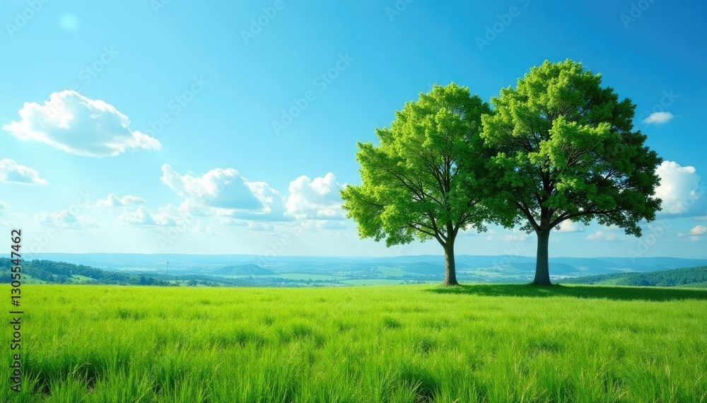 Obraz premium Row of cut trees against a blue sky with distant hills, environment,