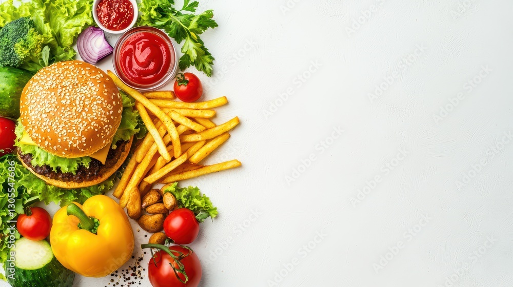 Fresh and Colorful Fast Food Dish with Vegetables and Dipping Sauces on White Background Fresh and Colorful Fast Food Dish with Vegetables and Dipping Sauces on White Background