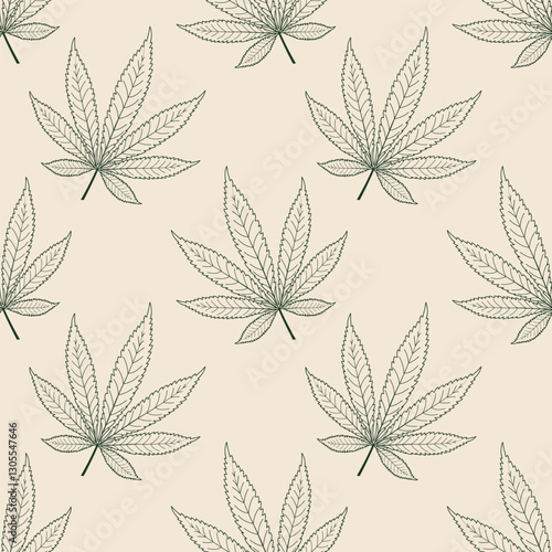 Cannabis leaf background. Marijuana leaves sketch. Seamless pattern of hemp leaves. Illustration.