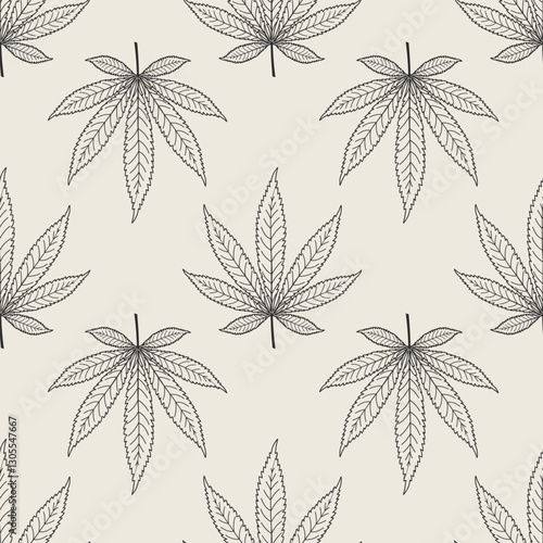 Cannabis leaf background. Marijuana leaves sketch. Seamless pattern of hemp leaves. Illustration.