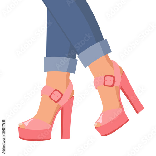 Female legs in pink high heels and blue jeans. Fashion design. Flat style illustration.