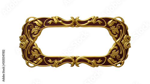 A luxurious, golden frame with intricate Art Nouveau floral designs. The rich maroon inlay complements the gold. Ideal for a vintage or elegant setting.