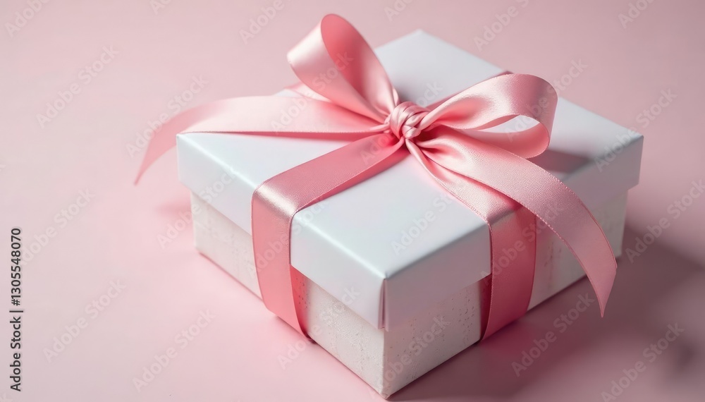 Obraz premium Soft pink ribbon wrapped around a pastel gift box, lace, wrapping paper