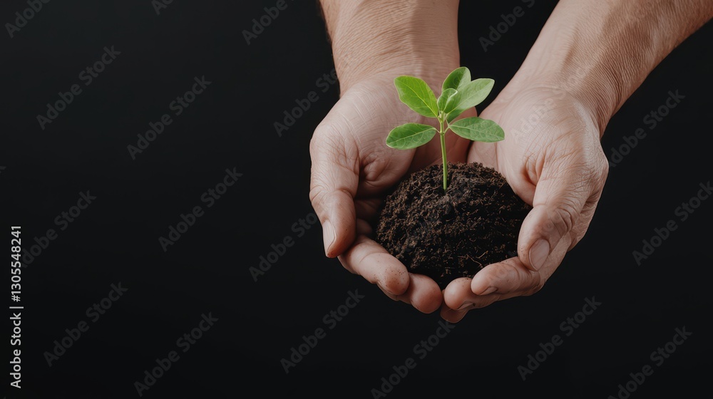 Hands Holding a Small Green Plant in Soil on a Dark Background for Environmental Protection Hands Holding a Small Green Plant in Soil on a Dark Background for Environmental Protection