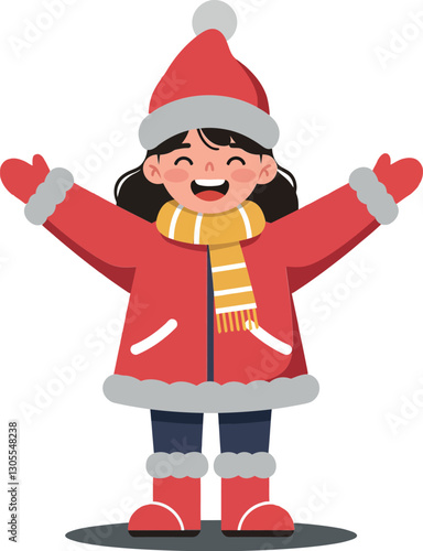 Cheerful girl in a red winter coat and hat celebrating with open arms in a flat vector illustration