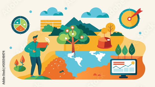Through data maps farmers can analyze weather patterns and make decisions to mitigate the effects of natural disasters such as drought or floods.. Vector illustration