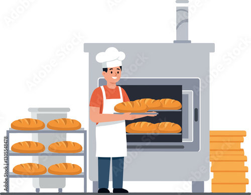 A cheerful baker in a white chef hat holds a tray of fresh bread loaves in a bright, flat design vector art