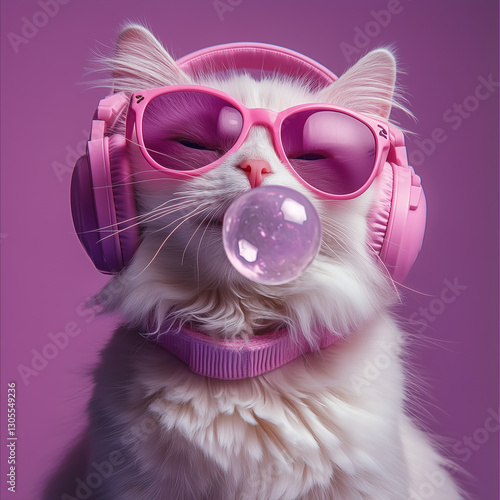 White cat wearing pink sunglasses and headphones