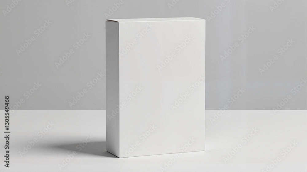 Minimalist white rectangular box mockup for product packaging design, brand presentation, retail merchandise displays, e-commerce listings, and marketing materials Minimalist white rectangular box mockup for product packaging design, brand presentation, retail merchandise displays, e-commerce listings, and marketing materials