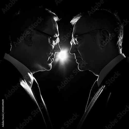 Two men in suits face each other in profile against a dramatic light backdrop, creating a striking black-and-white silhouette effect.