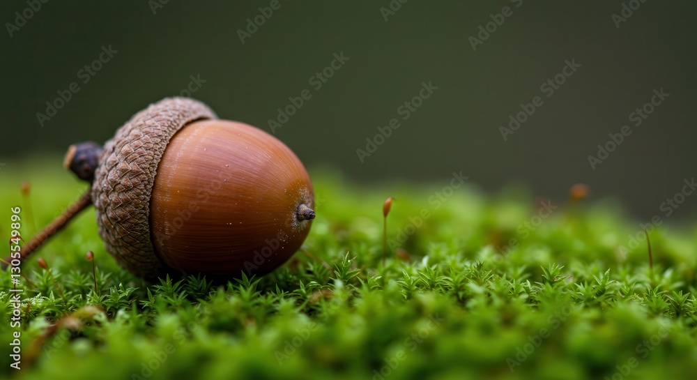 Close Up of Acorn Resting on Vibrant Green Mossy Forest Floor Close Up of Acorn Resting on Vibrant Green Mossy Forest Floor