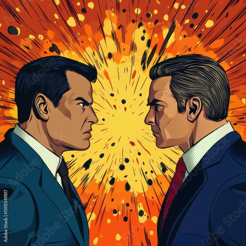 Two men in suits face each other intensely against a vibrant explosion backdrop, conveying a dramatic confrontation.