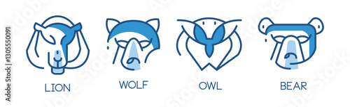 Animal Logo Design with Blue Line Vector Set.