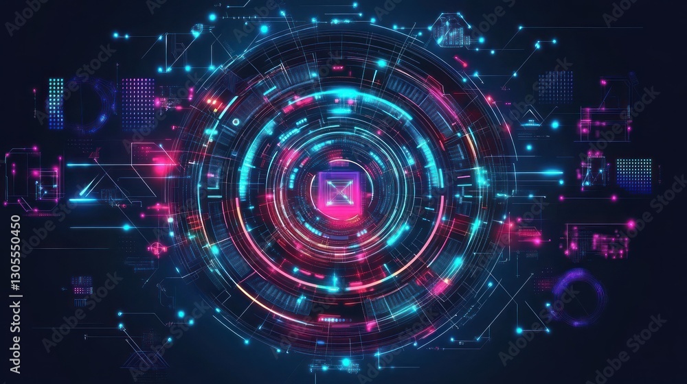 A futuristic glowing circular design depicting technological and digital elements A futuristic glowing circular design depicting technological and digital elements