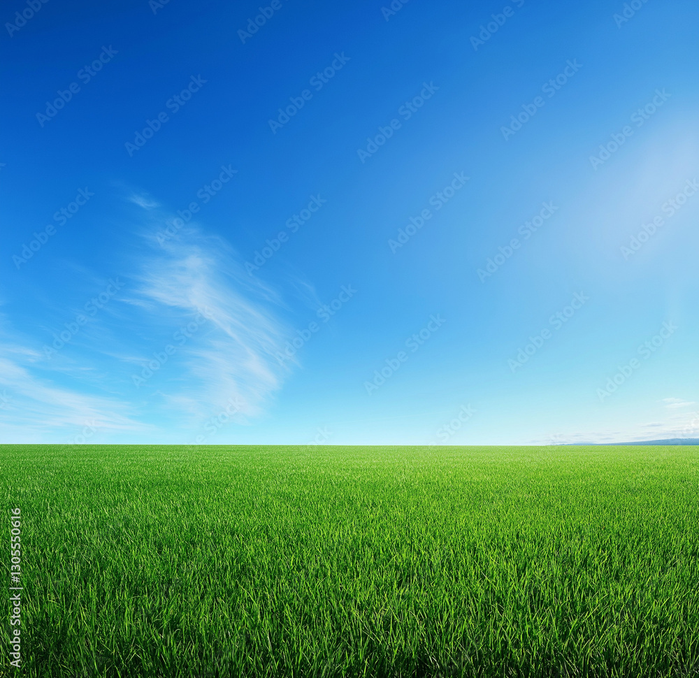 Obraz premium Green grassy hill with a blue sky background, ultra-realistic photography