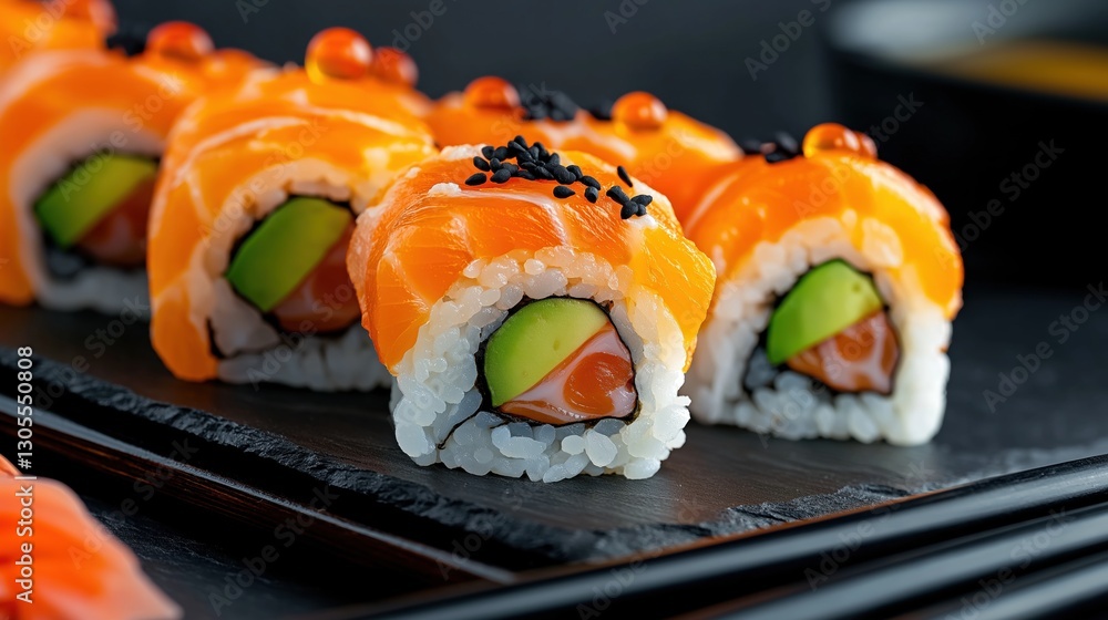 Group of sushi rolls on a black plate. the sushi rolls are arranged in a neat row and appear to be freshly made. Group of sushi rolls on a black plate. the sushi rolls are arranged in a neat row and appear to be freshly made.