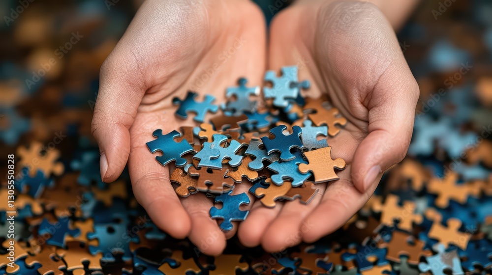 Two Hands Holding Colorful Jigsaw Puzzle Pieces Over a Background of Many Pieces Two Hands Holding Colorful Jigsaw Puzzle Pieces Over a Background of Many Pieces