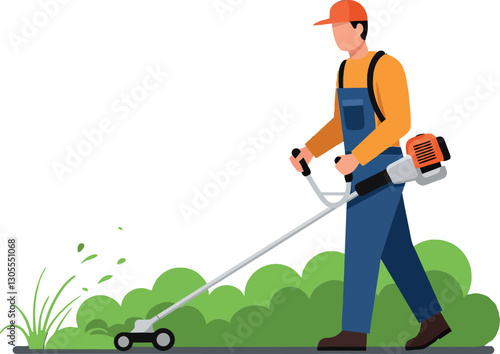 A man in orange shirt and blue overalls using a grass trimmer to maintain a garden in a flat vector illustration
