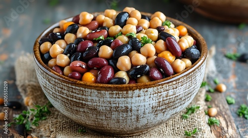 Rustic bowl filled with mixed beans including kidney black and chickpeas arranged on a wooden surface with a burlap cloth and scattered herbs