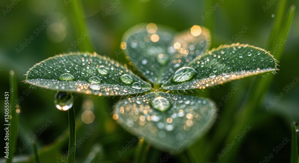 Close-up of a Four-leaf Clover with Dew Drops in Morning Light Close-up of a Four-leaf Clover with Dew Drops in Morning Light