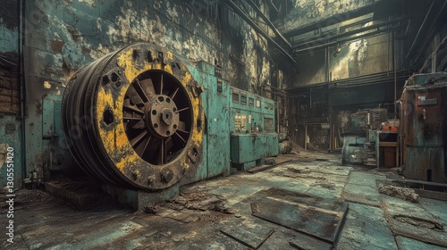 Fototapeta Naklejka Na Ścianę i Meble -  Abandoned industrial machinery inside a decaying derelict building interior